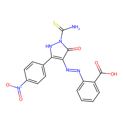 2-{(2Z)-2-[1-carbamothioyl-3-(4-nitrophenyl)-5-oxo-1,5-dihydro-4H-pyrazol-4-ylidene]hydrazinyl}benzoic acid structure