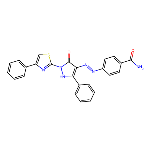 4-{2-[5-oxo-3-phenyl-1-(4-phenyl-1,3-thiazol-2-yl)-1,5-dihydro-4H-pyrazol-4-ylidene]hydrazino}benzamide structure