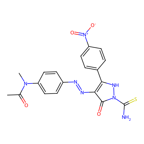 N-(4-{2-[1-(aminocarbonothioyl)-3-(4-nitrophenyl)-5-oxo-1,5-dihydro-4H-pyrazol-4-ylidene]hydrazino}phenyl)-N-methylacetamide structure