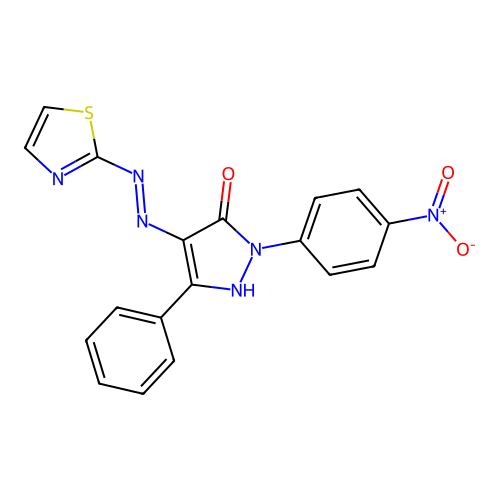 (4Z)-2-(4-nitrophenyl)-5-phenyl-4-(1,3-thiazol-2-ylhydrazinylidene)pyrazol-3-one structure