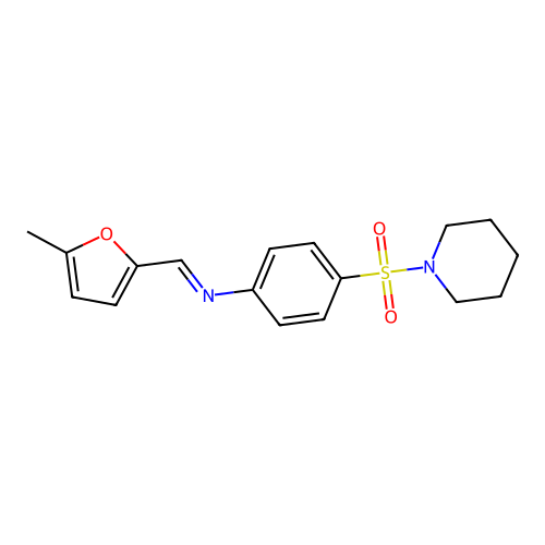 N-[(E)-(5-methylfuran-2-yl)methylidene]-4-(piperidin-1-ylsulfonyl)aniline structure