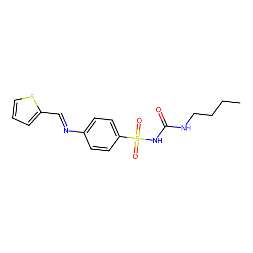 N-(butylcarbamoyl)-4-{[(E)-thiophen-2-ylmethylidene]amino}benzenesulfonamide structure