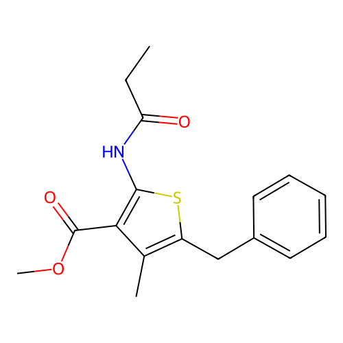 Methyl 5-benzyl-4-methyl-2-(propanoylamino)thiophene-3-carboxylate structure