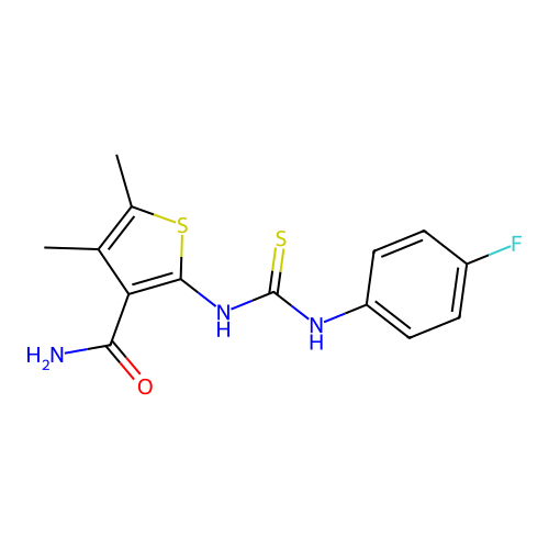 2-{[(4-Fluoroanilino)carbothioyl]amino}-4,5-dimethylthiophene-3-carboxamide structure