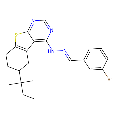4-[(2E)-2-(3-bromobenzylidene)hydrazinyl]-6-(2-methylbutan-2-yl)-5,6,7,8-tetrahydro[1]benzothieno[2,3-d]pyrimidine structure