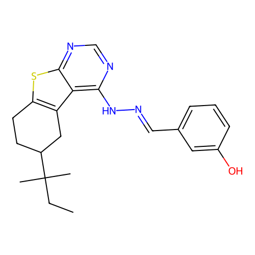 3-[(E)-{2-[6-(2-methylbutan-2-yl)-5,6,7,8-tetrahydro[1]benzothieno[2,3-d]pyrimidin-4-yl]hydrazinylidene}methyl]phenol structure
