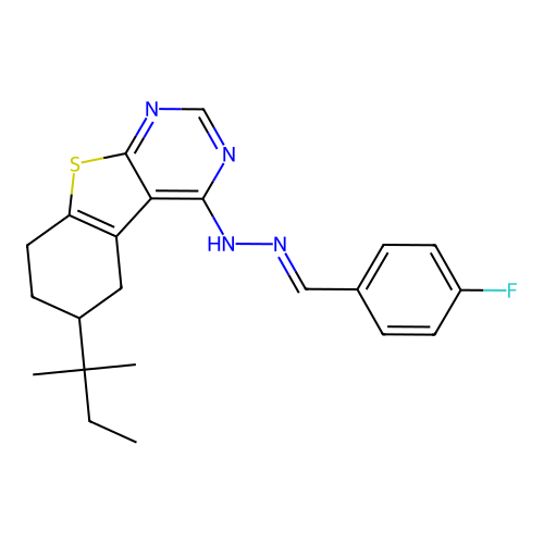 4-[(2E)-2-(4-fluorobenzylidene)hydrazinyl]-6-(2-methylbutan-2-yl)-5,6,7,8-tetrahydro[1]benzothieno[2,3-d]pyrimidine structure