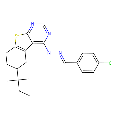 (E)-4-(2-(4-chlorobenzylidene)hydrazinyl)-6-(tert-pentyl)-5,6,7,8-tetrahydrobenzo[4,5]thieno[2,3-d]pyrimidine structure