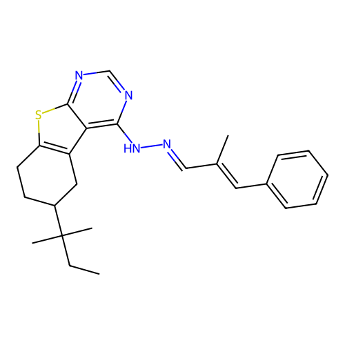 (1E,2E)-2-METHYL-3-PHENYL-2-PROPENAL (6-TERT-PENTYL-5,6,7,8-TETRAHYDRO[1]BENZOTHIENO[2,3-D]PYRIMIDIN-4-YL)HYDRAZONE structure