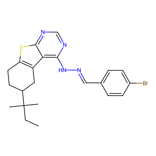 (E)-4-(2-(4-bromobenzylidene)hydrazinyl)-6-(tert-pentyl)-5,6,7,8-tetrahydrobenzo[4,5]thieno[2,3-d]pyrimidine structure
