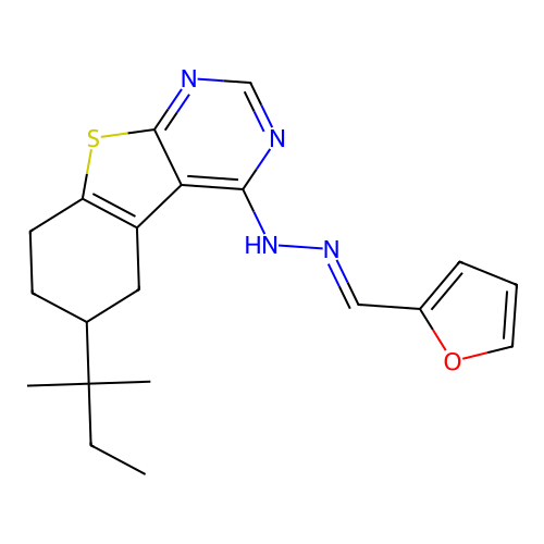 (E)-4-(2-(furan-2-ylmethylene)hydrazinyl)-6-(tert-pentyl)-5,6,7,8-tetrahydrobenzo[4,5]thieno[2,3-d]pyrimidine structure
