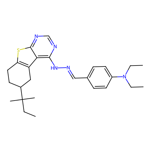 (E)-N,N-diethyl-4-((2-(6-(tert-pentyl)-5,6,7,8-tetrahydrobenzo[4,5]thieno[2,3-d]pyrimidin-4-yl)hydrazono)methyl)aniline structure