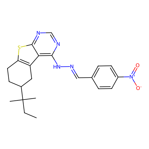 (E)-4-(2-(4-nitrobenzylidene)hydrazinyl)-6-(tert-pentyl)-5,6,7,8-tetrahydrobenzo[4,5]thieno[2,3-d]pyrimidine structure