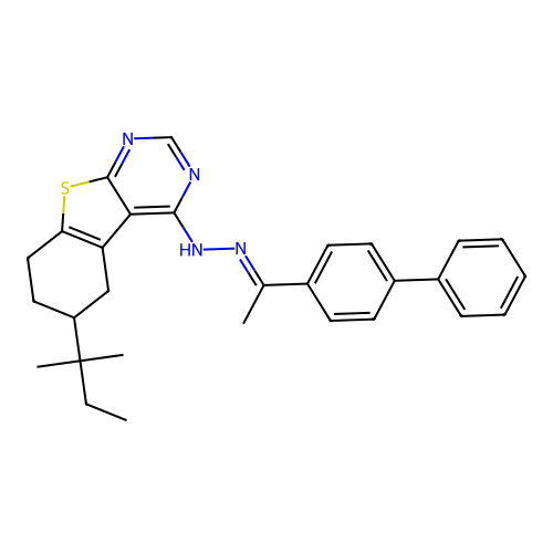 4-{(2E)-2-[1-(biphenyl-4-yl)ethylidene]hydrazinyl}-6-(2-methylbutan-2-yl)-5,6,7,8-tetrahydro[1]benzothieno[2,3-d]pyrimidine structure