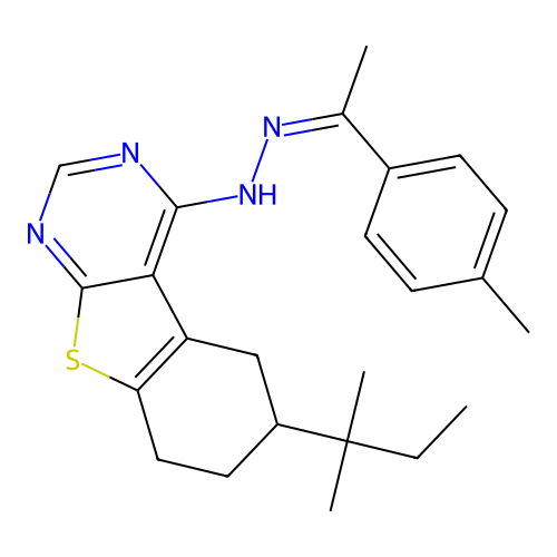 (Z)-6-(tert-pentyl)-4-(2-(1-(p-tolyl)ethylidene)hydrazinyl)-5,6,7,8-tetrahydrobenzo[4,5]thieno[2,3-d]pyrimidine structure