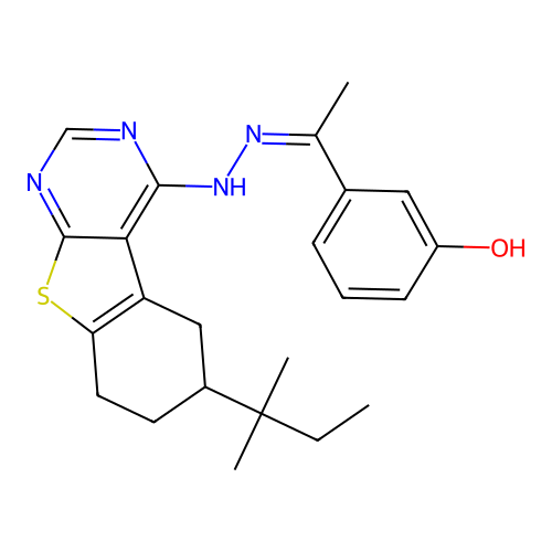 (Z)-3-(1-(2-(6-(tert-pentyl)-5,6,7,8-tetrahydrobenzo[4,5]thieno[2,3-d]pyrimidin-4-yl)hydrazono)ethyl)phenol structure