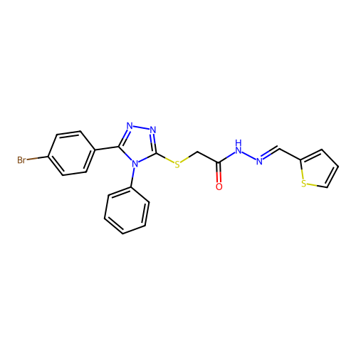 (E)-2-((5-(4-bromophenyl)-4-phenyl-4H-1,2,4-triazol-3-yl)thio)-N'-(thiophen-2-ylmethylene)acetohydrazide structure