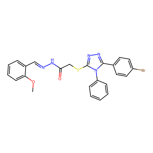 (E)-2-((5-(4-bromophenyl)-4-phenyl-4H-1,2,4-triazol-3-yl)thio)-N'-(2-methoxybenzylidene)acetohydrazide structure