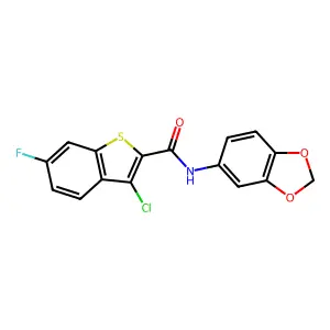 N-(1,3-benzodioxol-5-yl)-3-chloro-6-fluoro-1-benzothiophene-2-carboxamide structure