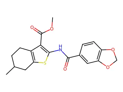 methyl 2-[(1,3-benzodioxol-5-ylcarbonyl)amino]-6-methyl-4,5,6,7-tetrahydro-1-benzothiophene-3-carboxylate structure