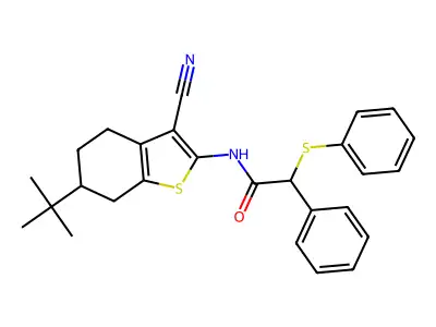 N-(6-tert-butyl-3-cyano-4,5,6,7-tetrahydro-1-benzothiophen-2-yl)-2-phenyl-2-(phenylsulfanyl)acetamide structure