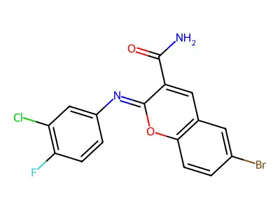 6-Bromo-2-(3-chloro-4-fluorophenyl)iminochromene-3-carboxamide structure