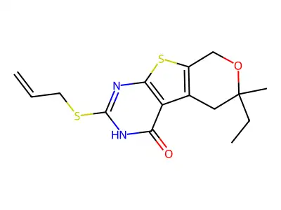 6-ethyl-6-methyl-2-(prop-2-en-1-ylsulfanyl)-3,5,6,8-tetrahydro-4H-pyrano[4',3':4,5]thieno[2,3-d]pyrimidin-4-one structure