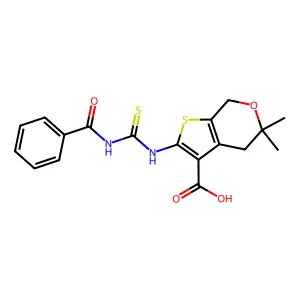 2-(3-benzoylthioureido)-5,5-dimethyl-5,7-dihydro-4H-thieno[2,3-c]pyran-3-carboxylic acid structure