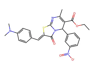 Ethyl (2E)-2-[[4-(dimethylamino)phenyl]methylidene]-7-methyl-5-(3-nitrophenyl)-3-oxo-5H-[1,3]thiazolo[3,2-a]pyrimidine-6-carboxylate structure