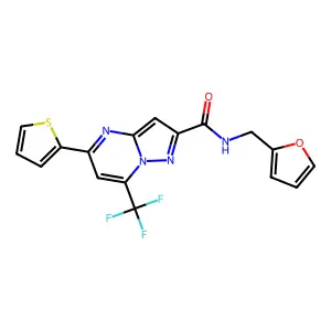 N-(2-furanylmethyl)-5-thiophen-2-yl-7-(trifluoromethyl)-2-pyrazolo[1,5-a]pyrimidinecarboxamide structure