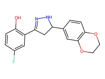 2-[5-(2,3-dihydro-1,4-benzodioxin-6-yl)-4,5-dihydro-1H-pyrazol-3-yl]-4-fluorophenol structure