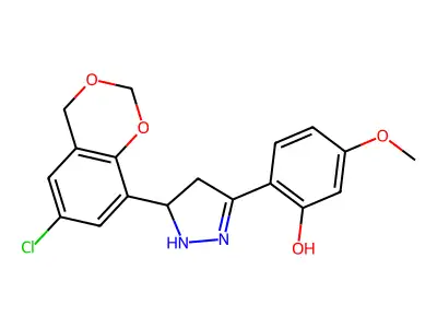2-[5-(6-chloro(2H,4H-benzo[e]1,3-dioxan-8-yl))(2-pyrazolin-3-yl)]-5-methoxyphe nol structure