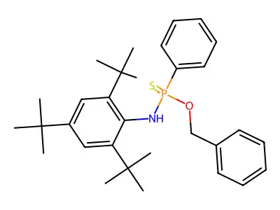 2,4,6-tritert-butyl-N-[phenyl(phenylmethoxy)phosphinothioyl]aniline structure
