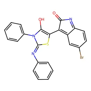 (3Z)-5-bromo-3-[(2Z)-4-oxo-3-phenyl-2-(phenylimino)-1,3-thiazolidin-5-ylidene]-1,3-dihydro-2H-indol-2-one structure