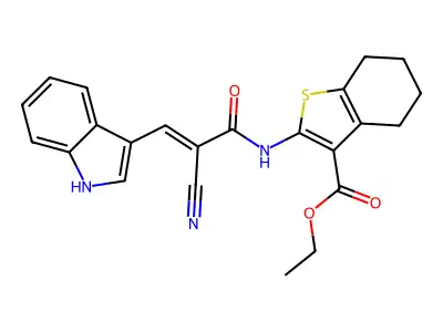 (E)-ethyl 2-(2-cyano-3-(1H-indol-3-yl)acrylamido)-4,5,6,7-tetrahydrobenzo[b]thiophene-3-carboxylate structure