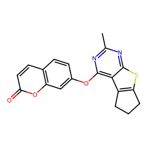 7-[(2-methyl-6,7-dihydro-5H-cyclopenta[4,5]thieno[2,3-d]pyrimidin-4-yl)oxy]-2H-chromen-2-one structure