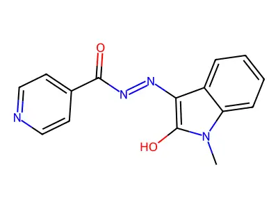 N'-(1-methyl-2-oxo-1,2-dihydro-3H-indol-3-yliden)isonicotinohydrazide structure