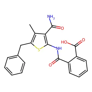 2-({[3-(Aminocarbonyl)-5-benzyl-4-methyl-2-thienyl]amino}carbonyl)benzoic acid structure