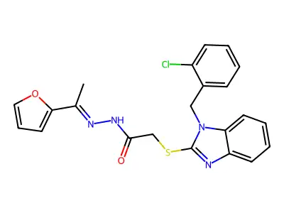 (Z)-2-((1-(2-chlorobenzyl)-1H-benzo[d]imidazol-2-yl)thio)-N'-(1-(furan-2-yl)ethylidene)acetohydrazide structure