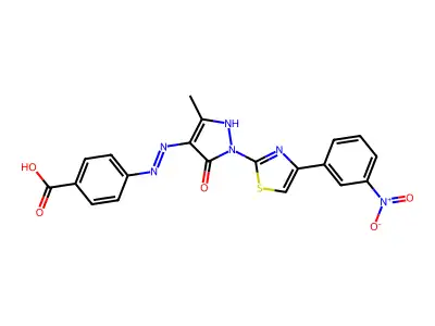 4-(2-{3-methyl-1-[4-(3-nitrophenyl)-1,3-thiazol-2-yl]-5-oxo-1,5-dihydro-4H-pyrazol-4-ylidene}hydrazino)benzoic acid structure