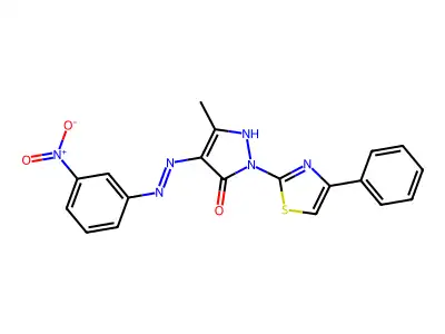 (4Z)-5-methyl-4-[2-(3-nitrophenyl)hydrazinylidene]-2-(4-phenyl-1,3-thiazol-2-yl)-2,4-dihydro-3H-pyrazol-3-one structure