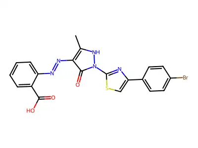2-(2-{1-[4-(4-bromophenyl)-1,3-thiazol-2-yl]-3-methyl-5-oxo-1,5-dihydro-4H-pyrazol-4-ylidene}hydrazino)benzoic acid structure