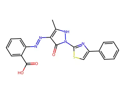 2-{(2Z)-2-[3-methyl-5-oxo-1-(4-phenyl-1,3-thiazol-2-yl)-1,5-dihydro-4H-pyrazol-4-ylidene]hydrazinyl}benzoic acid structure
