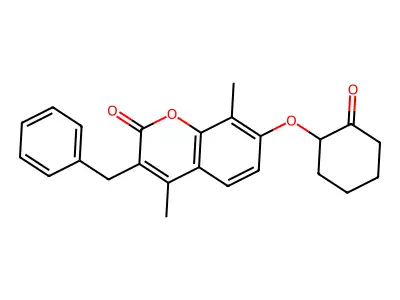 3-benzyl-4,8-dimethyl-7-[(2-oxocyclohexyl)oxy]-2H-chromen-2-one structure