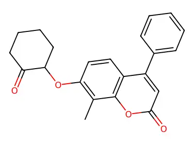 8-Methyl-7-(2-oxo-cyclohexyloxy)-4-phenyl-chromen-2-one structure