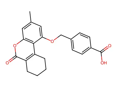 4-{[(3-methyl-6-oxo-7,8,9,10-tetrahydro-6H-benzo[c]chromen-1-yl)oxy]methyl}benzoic acid structure