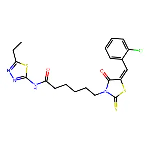 6-[(5Z)-5-(2-chlorobenzylidene)-4-oxo-2-thioxo-1,3-thiazolidin-3-yl]-N-(5-ethyl-1,3,4-thiadiazol-2-yl)hexanamide structure