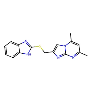 2-(((1H-benzo[d]imidazol-2-yl)thio)methyl)-5,7-dimethylimidazo[1,2-a]pyrimidine structure