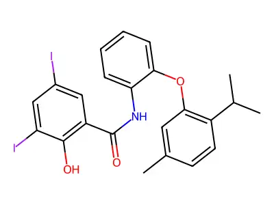 2-hydroxy-3,5-diiodo-N-[2-(5-methyl-2-propan-2-ylphenoxy)phenyl]benzamide structure