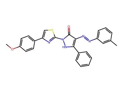 (4E)-2-[4-(4-methoxyphenyl)-1,3-thiazol-2-yl]-4-[2-(3-methylphenyl)hydrazinylidene]-5-phenyl-2,4-dihydro-3H-pyrazol-3-one structure